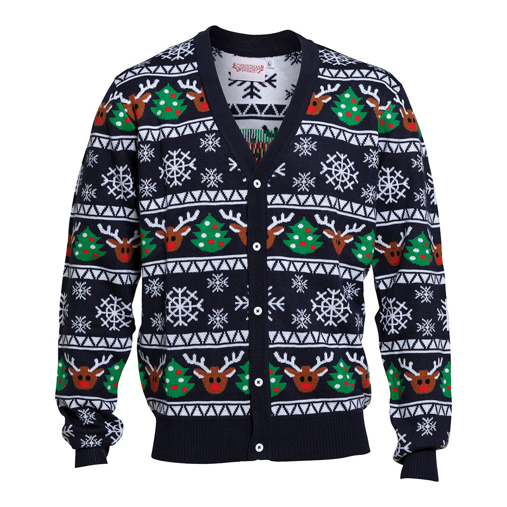 En svart julegenser med snøfnugg og reinsdyr.